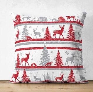 Set of 4 Christmas Pillow Covers|Red Xmas Deer and Snowflake Print Pillow Cover|Red White Xmas Pillow Top|Winter Trend Gray Pine Tree Pillow