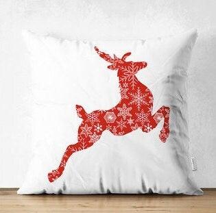 Set of 4 Christmas Pillow Covers|Red Xmas Deer and Snowflake Print Pillow Cover|Red White Xmas Pillow Top|Winter Trend Gray Pine Tree Pillow