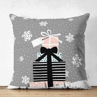 Set of 4 Christmas Pillow Covers|Xmas Gift Boxes Home Decor|White Snowflake on Black and Gray Background Pillow|Winter Trend Throw Pillow