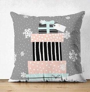 Set of 4 Christmas Pillow Covers|Xmas Gift Boxes Home Decor|White Snowflake on Black and Gray Background Pillow|Winter Trend Throw Pillow