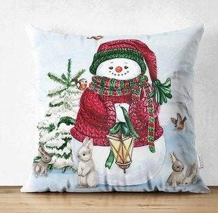 Set of 4 Christmas Pillow Covers|Snowman and Rabbits Pillow|Winter Trend Cushion Case|Xmas Bell and Bird Throw Pillow|Christmas Tree Cushion