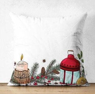 Set of 4 Christmas Pillow Covers|Floral Xmas Pillow Top|Winter Trend Cushion Case|Pine Cone and Lantern Throw Pillow|Red Poinsettia Cushion