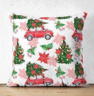 Set of 4 Christmas Pillow Covers|Red Car and Xmas Tree Pillow Case|Winter Trend Xmas Bell Cushion Cover|Red Poinsettia and Ornaments Pillow