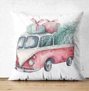 Set of 4 Christmas Pillow Covers|Red Turquoise White Pillow Case|Van with Decorated Xmas Tree Cushion Case|Car with Xmas Tree Cushion Cover