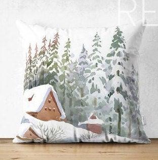 Set of 4 Winter Trend Pillow Covers|Xmas Deer and Pine Tree Home Decor|Houses and Snow Pillow Top|Christmas Pillow Cover|Xmas Throw Pillow