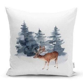 Set of 4 Winter Trend Pillow Covers|Xmas Deer and Pine Tree Home Decor|House under Snow Pillow Top|Christmas Pillow Cover|Xmas Throw Pillow