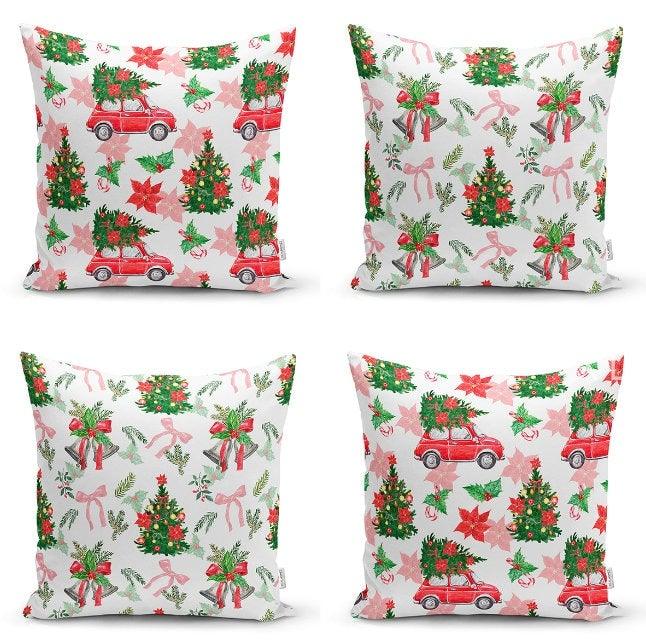 Set of 4 Christmas Pillow Covers|Red Car and Xmas Tree Pillow Case|Winter Trend Xmas Bell Cushion Cover|Red Poinsettia and Ornaments Pillow