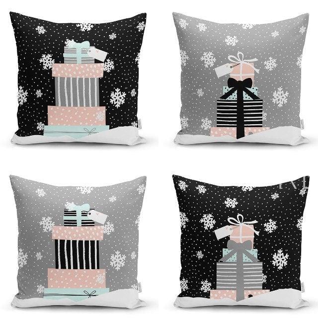 Set of 4 Christmas Pillow Covers|Xmas Gift Boxes Home Decor|White Snowflake on Black and Gray Background Pillow|Winter Trend Throw Pillow