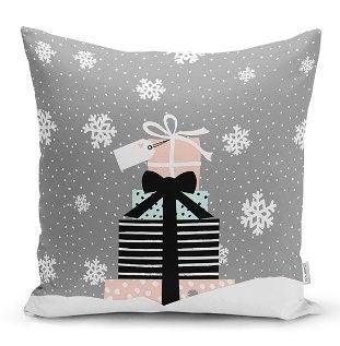 Set of 4 Christmas Pillow Covers|Xmas Gift Boxes Home Decor|White Snowflake on Black and Gray Background Pillow|Winter Trend Throw Pillow