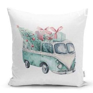 Set of 4 Christmas Pillow Covers|Red Gree White Xmas Pillow Case|Van with Decorated Xmas Tree Cushion Case|Car with Xmas Tree Cushion Cover