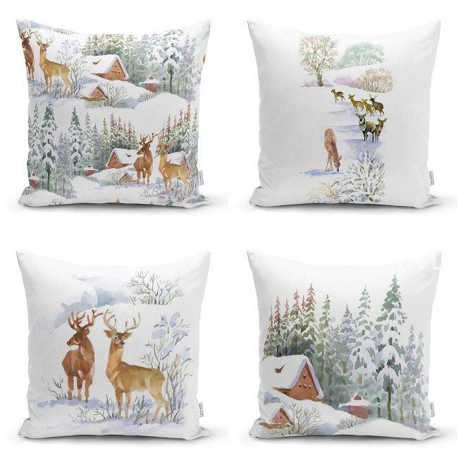 Set of 4 Winter Trend Pillow Covers|Xmas Deer and Pine Tree Home Decor|Houses and Snow Pillow Top|Christmas Pillow Cover|Xmas Throw Pillow