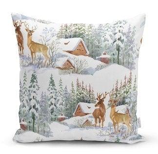 Set of 4 Winter Trend Pillow Covers|Xmas Deer and Pine Tree Home Decor|Houses and Snow Pillow Top|Christmas Pillow Cover|Xmas Throw Pillow