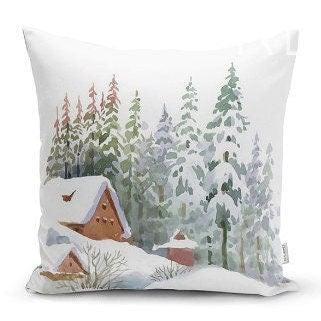 Set of 4 Winter Trend Pillow Covers|Xmas Deer and Pine Tree Home Decor|Houses and Snow Pillow Top|Christmas Pillow Cover|Xmas Throw Pillow