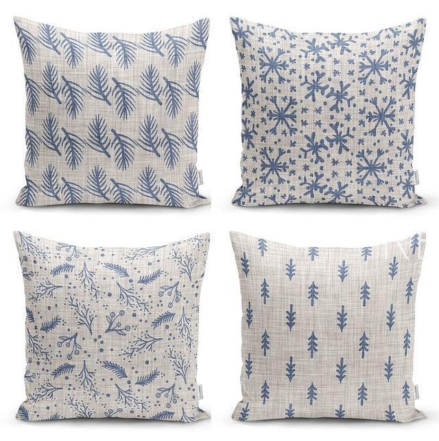 Set of 4 Winter Trend Pillow Covers|Xmas Pine Tree Needles and Snowflake Home Decor|Snowflake Pillow Top|Gray Beige Winter Throw Pillow Top