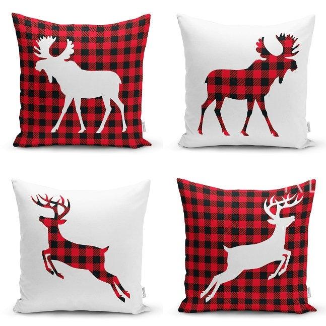 Set of 4 Christmas Pillow Covers|Buffalo Check Christmas Deer Home Decor|Suede Winter Trend Pillow Case|Housewarming New Year Throw Pillow