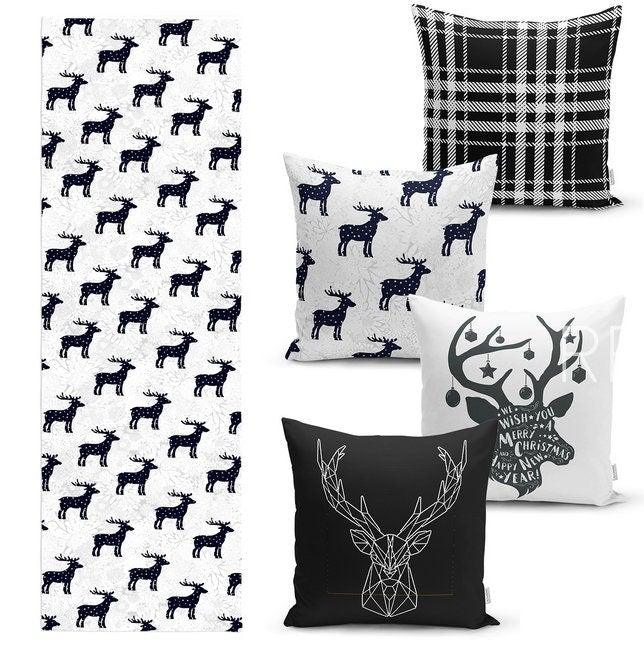 Set of 4 Christmas Pillow Covers and 1 Table Runner|Winter Trend Plaid Merry Christmas Home Decor|Black White Xmas Deer Runner and Cushion