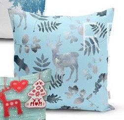 Set of 4 Christmas Pillow Covers and 1 Table Runner|Gray Xmas Deer and Leaves Home Decor|Pine Trees, Snow and Xmas Stockings Cushion Cover