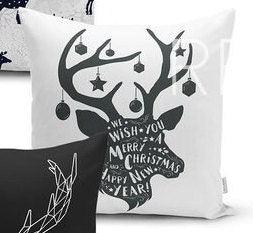 Set of 4 Christmas Pillow Covers and 1 Table Runner|Winter Trend Plaid Merry Christmas Home Decor|Black White Xmas Deer Runner and Cushion