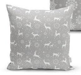 Set of 4 Christmas Pillow Covers and 1 Table Runner|Snowflake, Xmas Deer and Xmas Gift Boxes Decor|Gray White Red Runner and Pillow Case Set