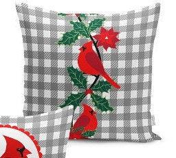 Set of 4 Christmas Pillow Covers and 1 Table Runner|Red Poinsettia Flower and Cardinal Bird Home Decor|Winter Trend Pillow Case and Runner