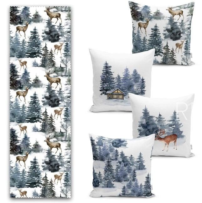 Set of 4 Winter Pillow Covers and 1 Table Runner|Pine Tree and Deer Print Home Decor|House Under Snow Print Runner and Cushion Cover Set