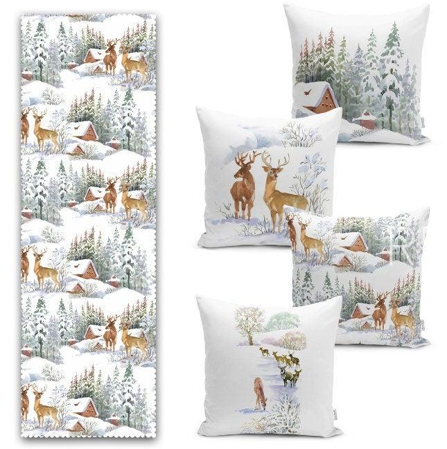 Set of 4 Winter Pillow Covers and 1 Table Runner|Pine Tree and Deer Family Print Home Decor|Snow and House Tablecloth and Cushion Cover Set