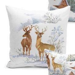 Set of 4 Winter Pillow Covers and 1 Table Runner|Pine Tree and Deer Family Print Home Decor|Snow and House Tablecloth and Cushion Cover Set