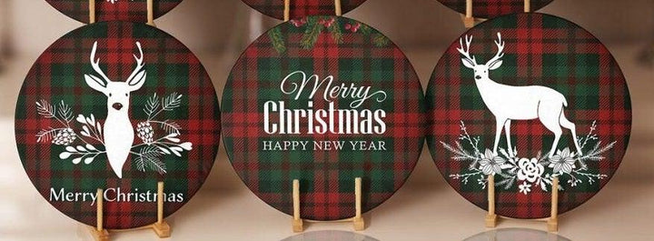 Christmas Placemat|Set of 6 Xmas Supla Table Mat|Buffalo Plaid Xmas Deer Round Dining Underplate|Merry Xmas and Happy New Year Coaster Set