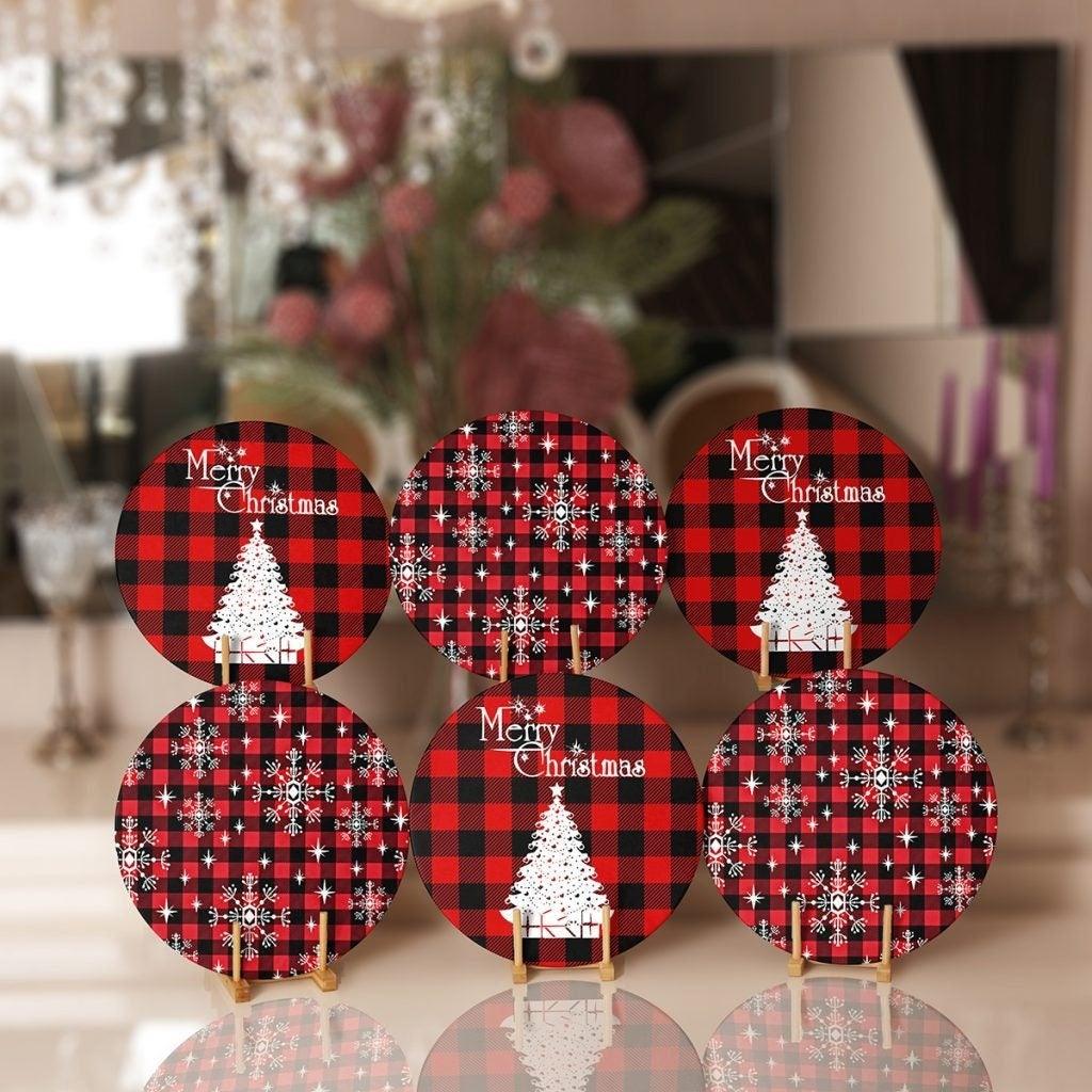 Christmas Placemat|Set of 6 Xmas Supla Table Mat|Buffalo Plaid Xmas Tree Round Dining Underplate|Merry Xmas and Snowflake Print Coaster Set