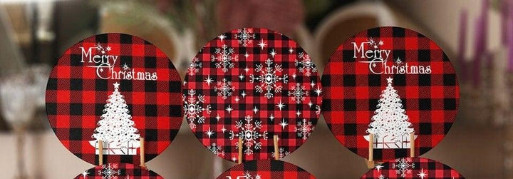 Christmas Placemat|Set of 6 Xmas Supla Table Mat|Buffalo Plaid Xmas Tree Round Dining Underplate|Merry Xmas and Snowflake Print Coaster Set