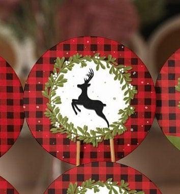 Christmas Placemat|Set of 6 Xmas Supla Table Mat|Buffalo Plaid Xmas Deer Round Dining Underplate|Merry Xmas and Green Leaves Coaster Set