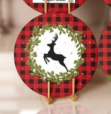 Christmas Placemat|Set of 6 Xmas Supla Table Mat|Buffalo Plaid Xmas Deer Round Dining Underplate|Merry Xmas and Green Leaves Coaster Set