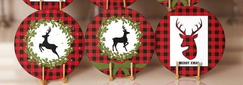 Christmas Placemat|Set of 6 Xmas Supla Table Mat|Buffalo Plaid Xmas Deer Round Dining Underplate|Merry Xmas and Green Leaves Coaster Set