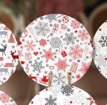 Christmas Placemat|Set of 6 Xmas Supla Table Mat|Red Gray Xmas Deer Round Dining Underplate|Snowflake and Merry Christmas Print Coaster Set