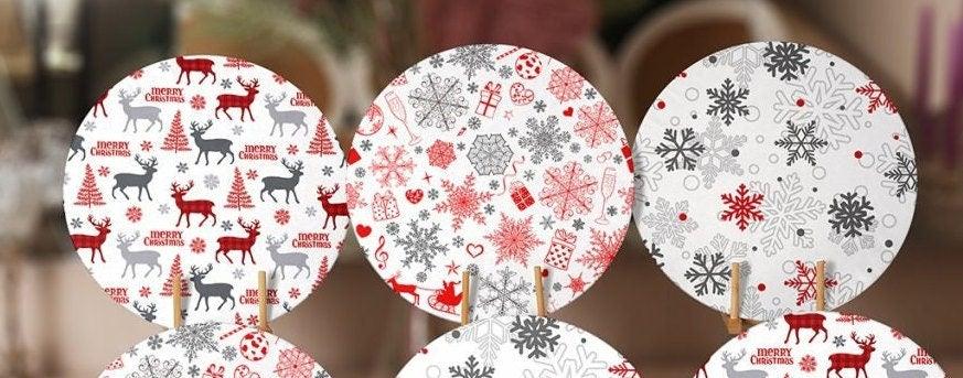 Christmas Placemat|Set of 6 Xmas Supla Table Mat|Red Gray Xmas Deer Round Dining Underplate|Snowflake and Merry Christmas Print Coaster Set