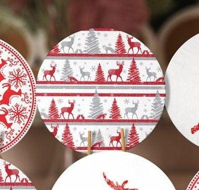 Christmas Placemat|Set of 6 Xmas Supla Table Mat|Red Gray Xmas Tree Round Dining Underplate|Snowflake and Christmas Deer Print Coaster Set