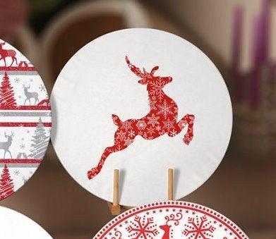 Christmas Placemat|Set of 6 Xmas Supla Table Mat|Red Gray Xmas Tree Round Dining Underplate|Snowflake and Christmas Deer Print Coaster Set