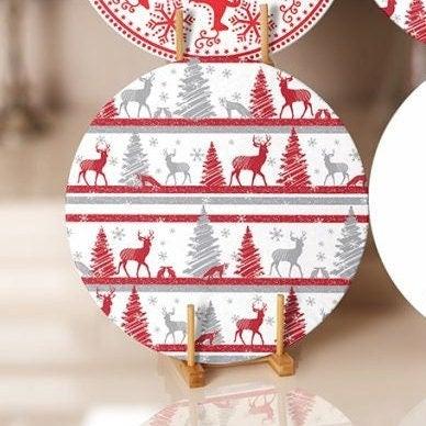 Christmas Placemat|Set of 6 Xmas Supla Table Mat|Red Gray Xmas Tree Round Dining Underplate|Snowflake and Christmas Deer Print Coaster Set