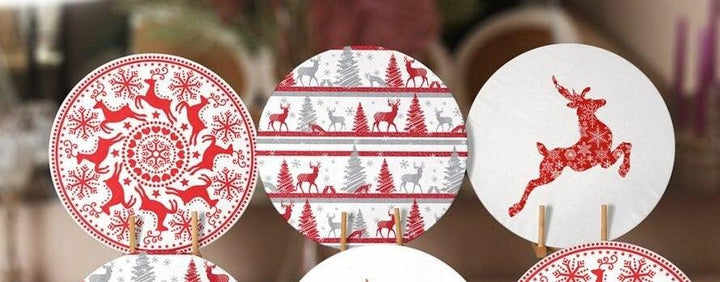 Christmas Placemat|Set of 6 Xmas Supla Table Mat|Red Gray Xmas Tree Round Dining Underplate|Snowflake and Christmas Deer Print Coaster Set