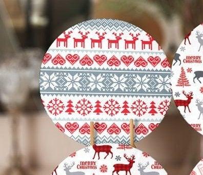 Christmas Placemat|Set of 6 Xmas Supla Table Mat|Red Gray Xmas Deer and Tree Round Dining Underplate|Snowflake, Merry Christmas Coaster Set