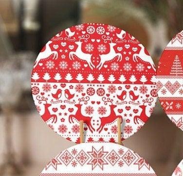 Christmas Placemat|Set of 6 Xmas Supla Table Mat|Red White Xmas Deer and Tree Round Dining Underplate|Snowflake, Merry Christmas Coaster Set