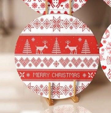 Christmas Placemat|Set of 6 Xmas Supla Table Mat|Red White Xmas Deer and Tree Round Dining Underplate|Snowflake, Merry Christmas Coaster Set