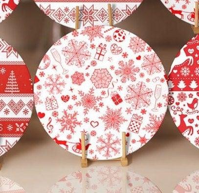 Christmas Placemat|Set of 6 Xmas Supla Table Mat|Red White Xmas Deer and Tree Round Dining Underplate|Snowflake, Merry Christmas Coaster Set