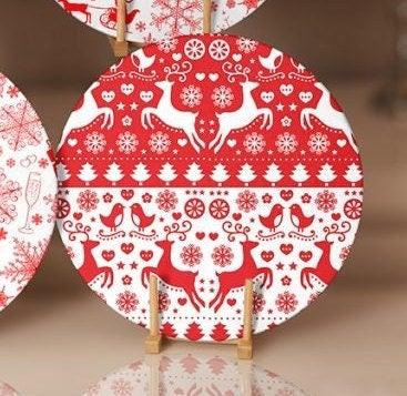 Christmas Placemat|Set of 6 Xmas Supla Table Mat|Red White Xmas Deer and Tree Round Dining Underplate|Snowflake, Merry Christmas Coaster Set