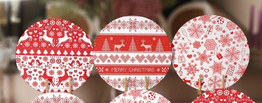 Christmas Placemat|Set of 6 Xmas Supla Table Mat|Red White Xmas Deer and Tree Round Dining Underplate|Snowflake, Merry Christmas Coaster Set