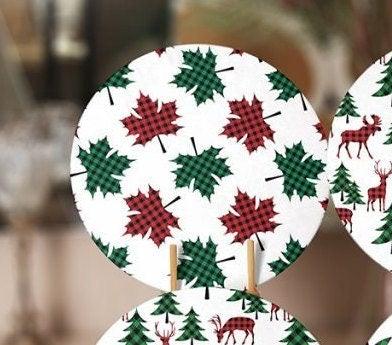 Christmas Placemat|Set of 6 Xmas Supla Table Mat|Red Green Checkered Xmas Deer Round Dining Underplate|Checkered Pine Tree and Leaf Coasters