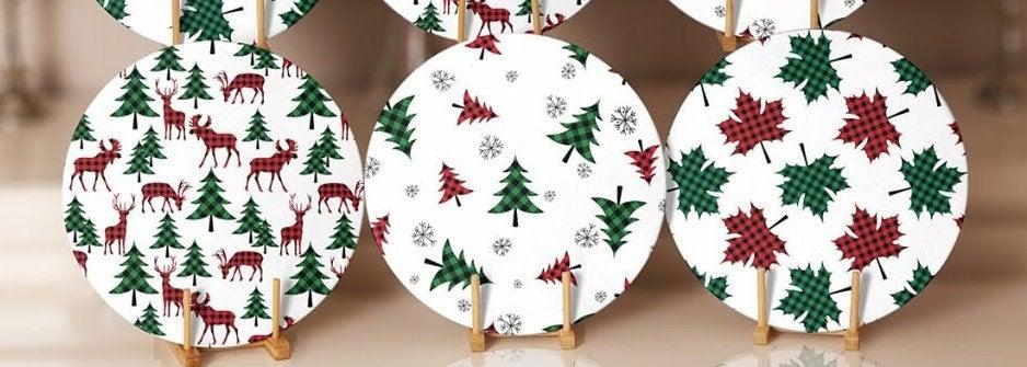 Christmas Placemat|Set of 6 Xmas Supla Table Mat|Red Green Checkered Xmas Deer Round Dining Underplate|Checkered Pine Tree and Leaf Coasters