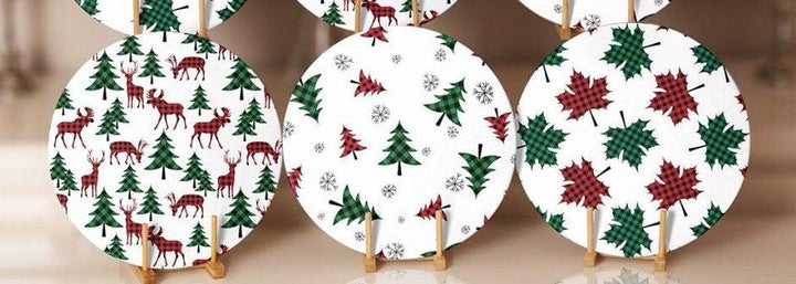 Christmas Placemat|Set of 6 Xmas Supla Table Mat|Red Green Checkered Xmas Deer Round Dining Underplate|Checkered Pine Tree and Leaf Coasters