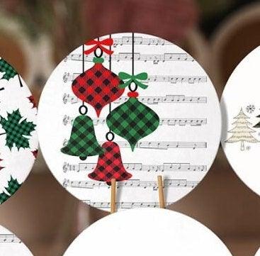 Christmas Placemat|Set of 6 Xmas Supla Table Mat|Red Green Checkered Xmas Bell Round Dining Underplate|Checkered Pine Tree and Leaf Coasters