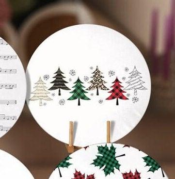 Christmas Placemat|Set of 6 Xmas Supla Table Mat|Red Green Checkered Xmas Bell Round Dining Underplate|Checkered Pine Tree and Leaf Coasters